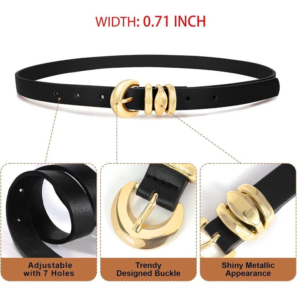 Womens Leather Belts 2 Pack Skinny Gold Buckle Adjustable Fits Waist 29-50 - Picture 2 of 5